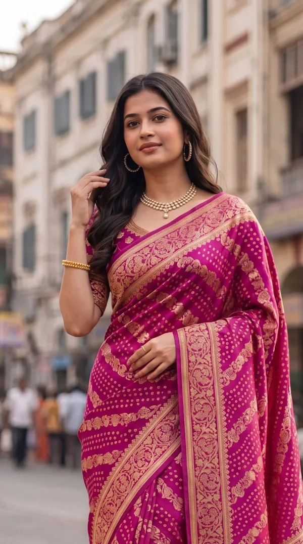 Oxn_Printed,_Woven_Banarasi_Jacquard,_Cotton_Jute_Saree_(Pink)