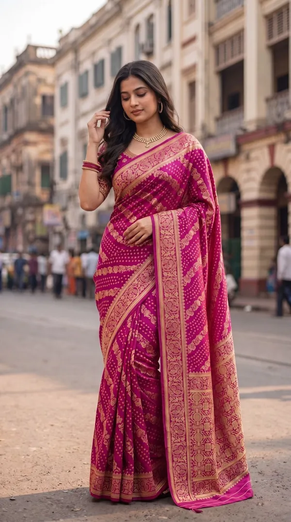 Oxn_Printed,_Woven_Banarasi_Jacquard,_Cotton_Jute_Saree_(Pink)
