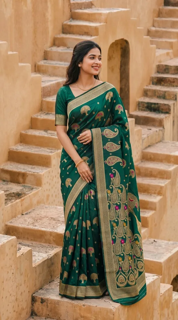 Oxn_Paisley,_Woven_Banarasi_Jacquard,_Pure_Silk_Saree_(Green)
