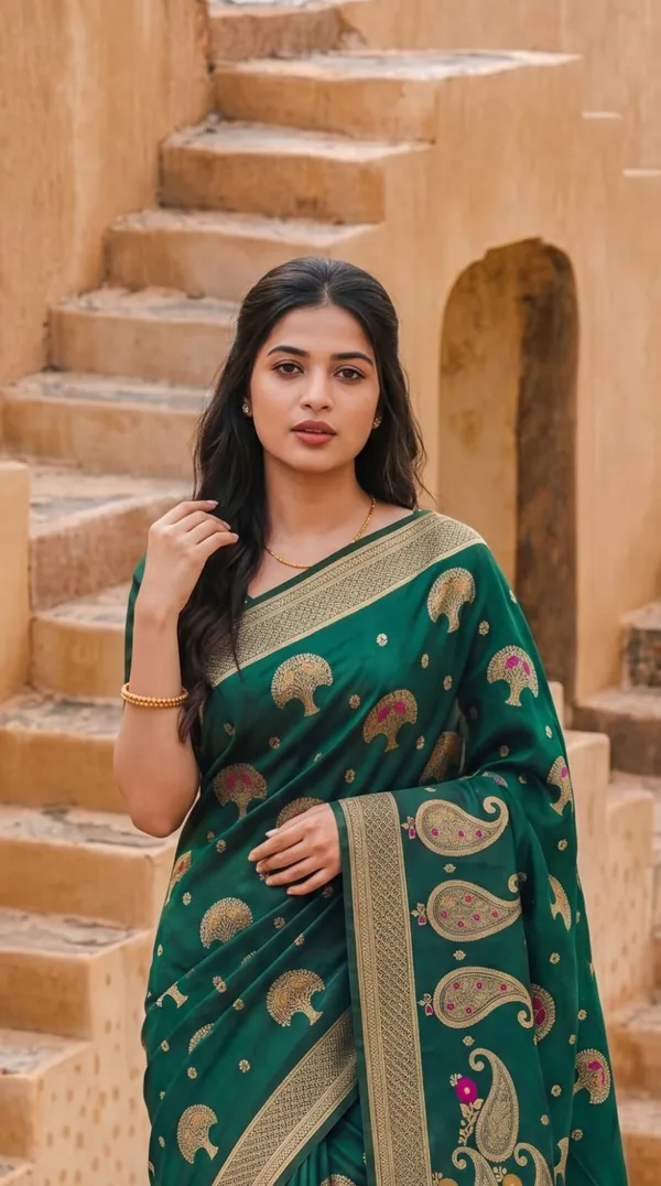 Oxn_Paisley,_Woven_Banarasi_Jacquard,_Pure_Silk_Saree_(Green)