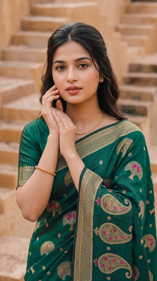 Oxn_Paisley,_Woven_Banarasi_Jacquard,_Pure_Silk_Saree_(Green)
