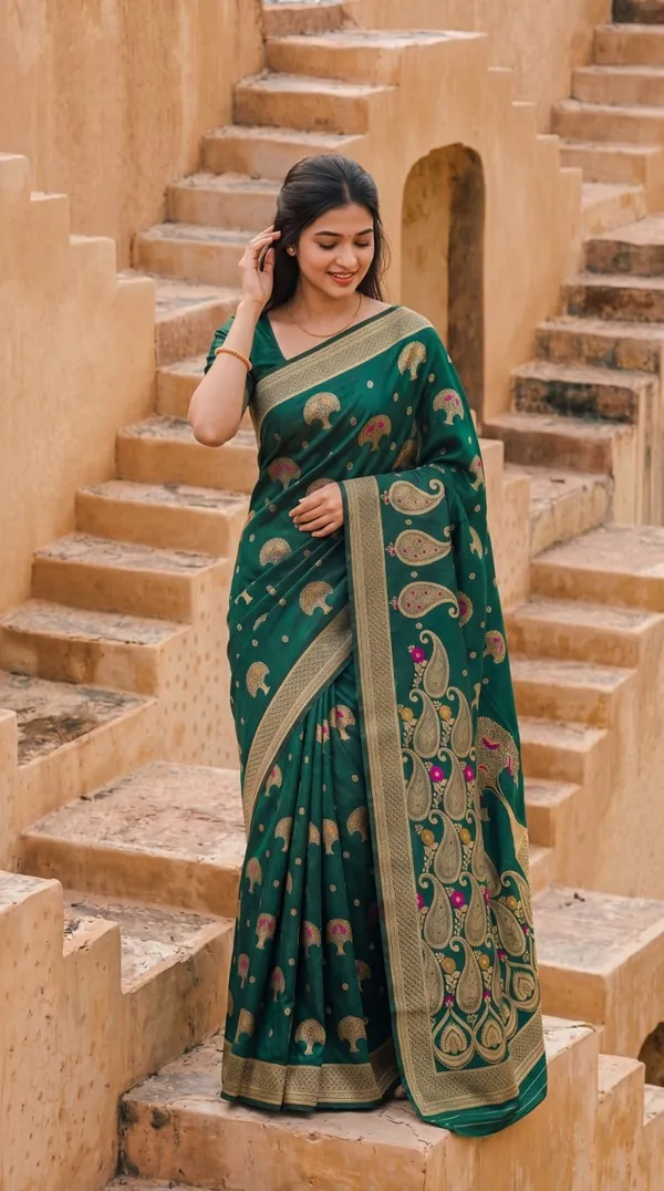 Oxn_Paisley,_Woven_Banarasi_Jacquard,_Pure_Silk_Saree_(Green)