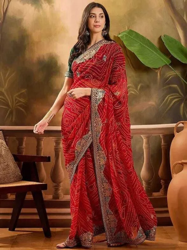 Oxn_Embroidered_Bandhani_Pure_Silk_Saree_(Red)