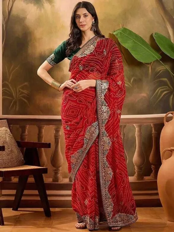 Oxn_Embroidered_Bandhani_Pure_Silk_Saree_(Red)