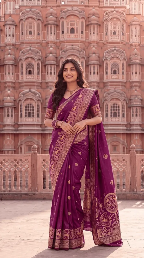 Oxn_Woven,_Floral_Print,_Geometric_Print,_Embellished_Banarasi_Art_Silk_Saree_(Purple)