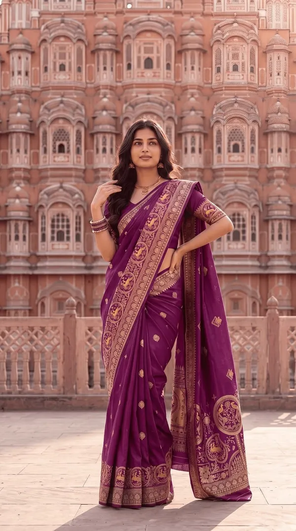 Oxn_Woven,_Floral_Print,_Geometric_Print,_Embellished_Banarasi_Art_Silk_Saree_(Purple)