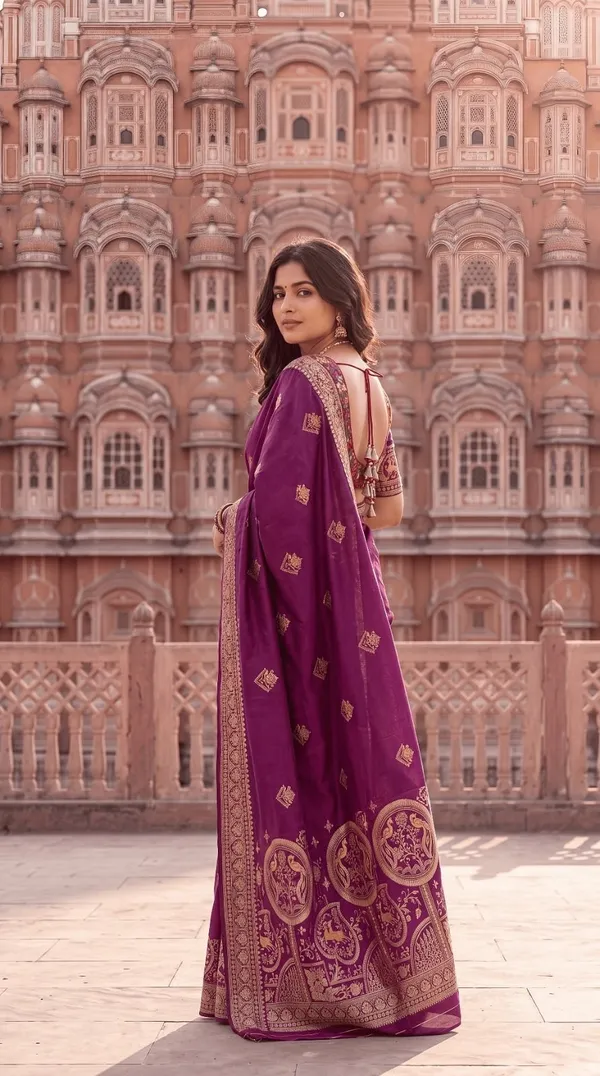 Oxn_Woven,_Floral_Print,_Geometric_Print,_Embellished_Banarasi_Art_Silk_Saree_(Purple)