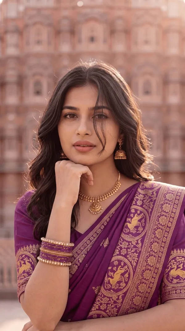 Oxn_Woven,_Floral_Print,_Geometric_Print,_Embellished_Banarasi_Art_Silk_Saree_(Purple)