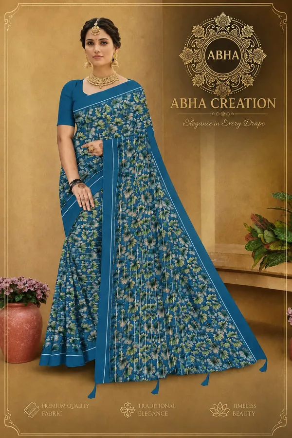 Blue_Silk_Floral_Print_Contrast_Border_Saree_For_Women
