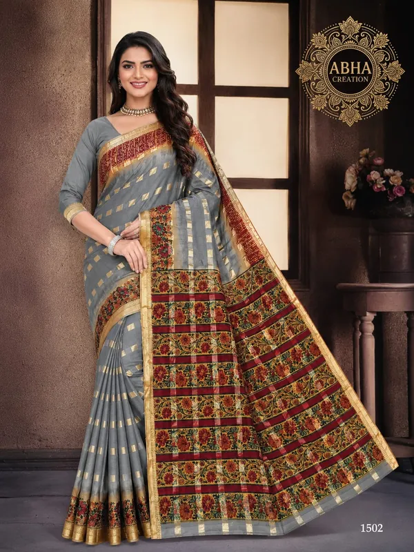 Grey_Silk_Woven_Golden_Zari_Check_Floral_Border_Saree_For_Women