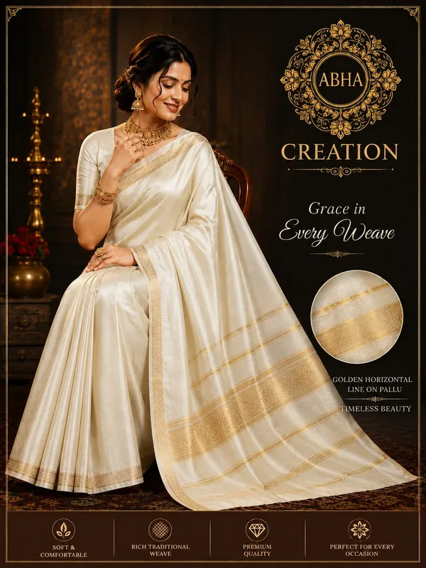 White_Silk_Blend_Golden_Zari_Border_Traditional_Saree_For_Women