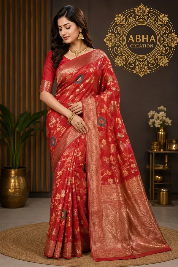 Red_Tissue_Silk_Zari_Woven_Floral_Banarasi_Saree_For_Women