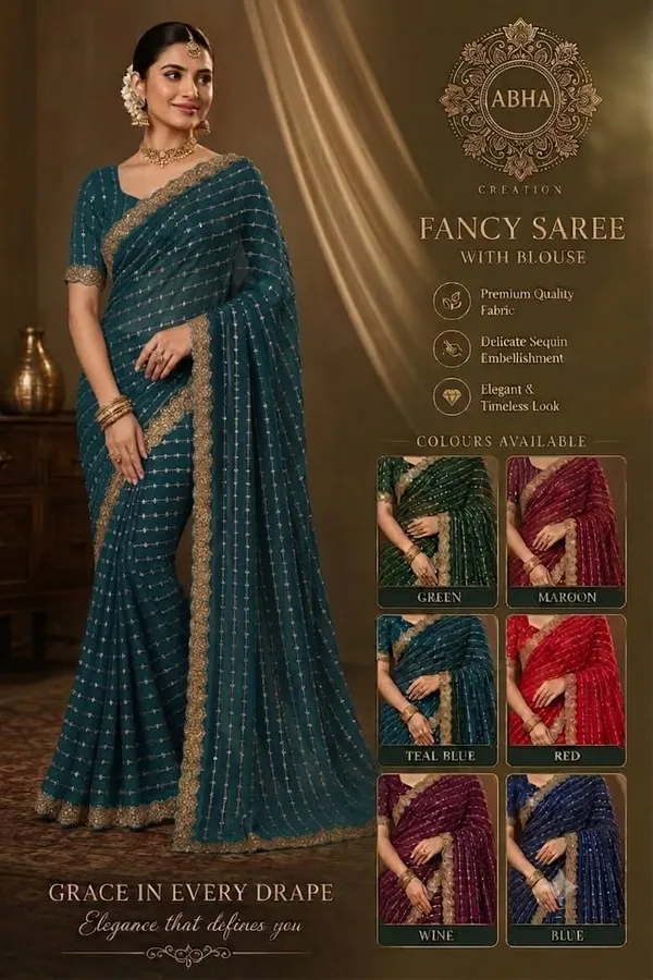 Teal_Blue_Velvet_Silk_Sequin_Embellished_Fancy_Saree_For_Women