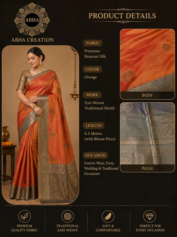 Orange_Banarasi_Silk_Zari_Woven_Traditional_Saree_For_Women