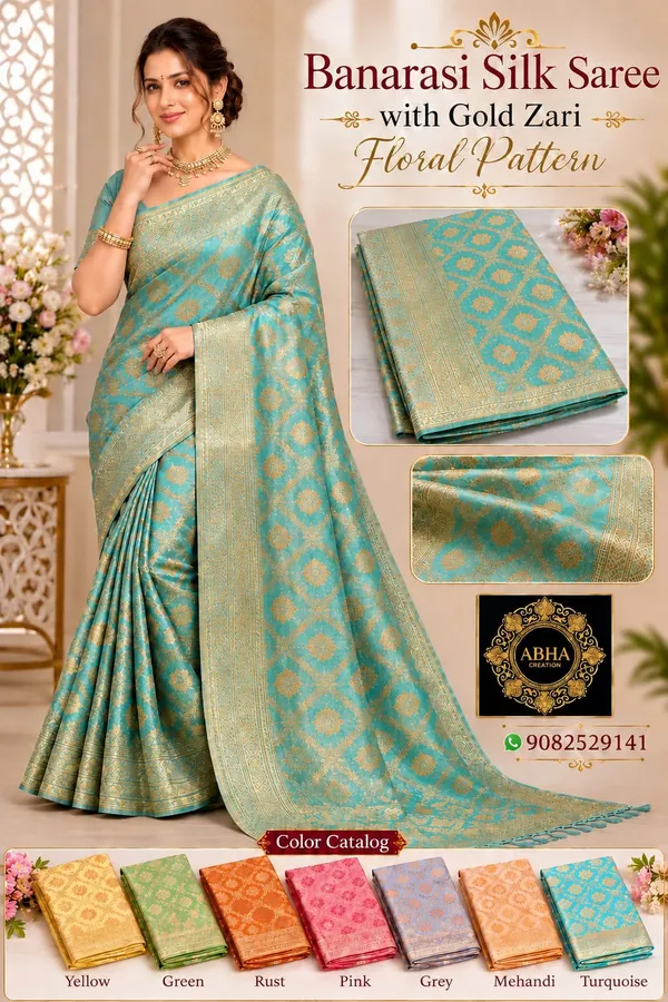 Turquoise_Mix_Cotton_Gold_Zari_Floral_Woven_Saree_For_Women