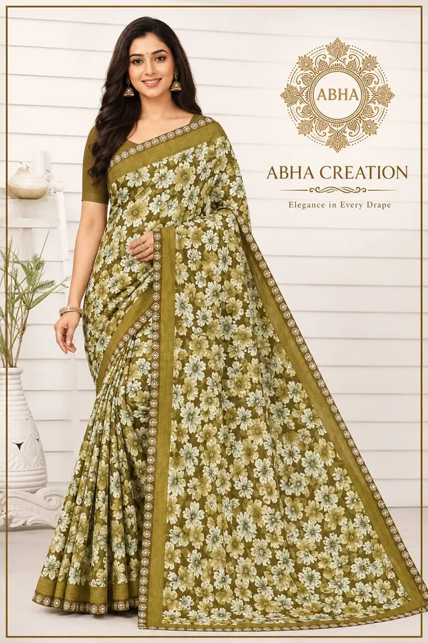 Olive_Green_Silk_Floral_Print_Embroidered_Border_Saree_For_Women