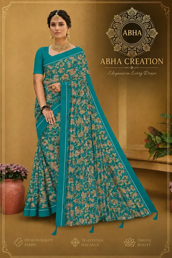 Teal_Silk_Floral_Print_Contrast_Border_Saree_For_Women