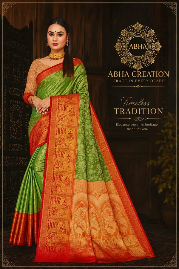 Green_Semi_Kanjivaram_Silk_Zari_Peacock_Border_Saree_For_Women