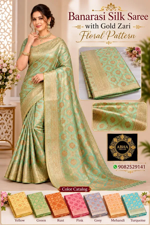 Sea_Green_Banarasi_Silk_Gold_Zari_Floral_Saree_For_Women