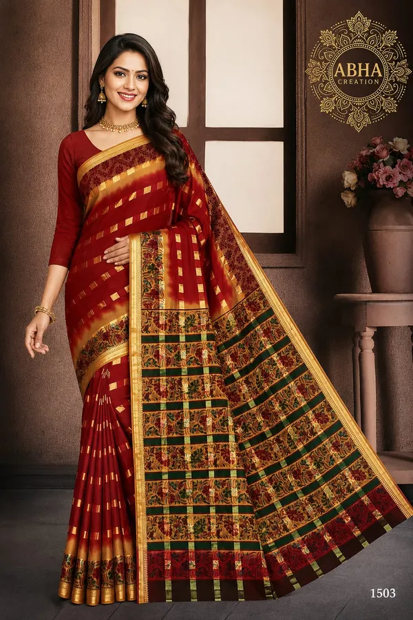 Maroon_Cotton_Zari_Border_Kalamkari_Print_Saree_For_Women