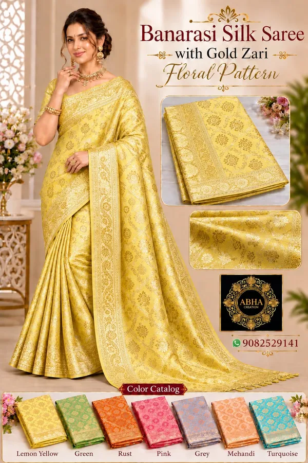 Lemon_Yellow_Banarasi_Silk_Gold_Zari_Floral_Saree_For_Women