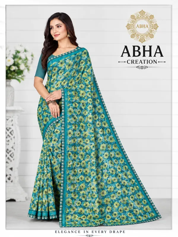 Teal_Georgette_Floral_Print_Saree_For_Women
