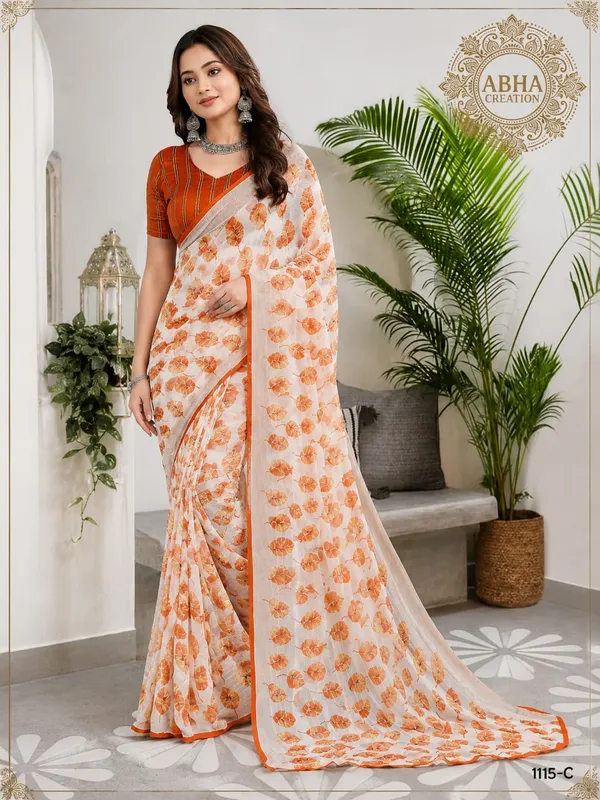 White_Stripe_Chiffon_Floral_Print_Saree_With_Orange_Blouse_For_Women