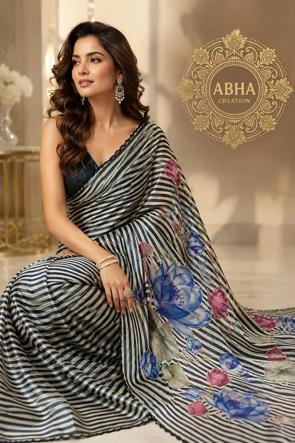 Black_Silk_Striped_Floral_Print_Saree_For_Women