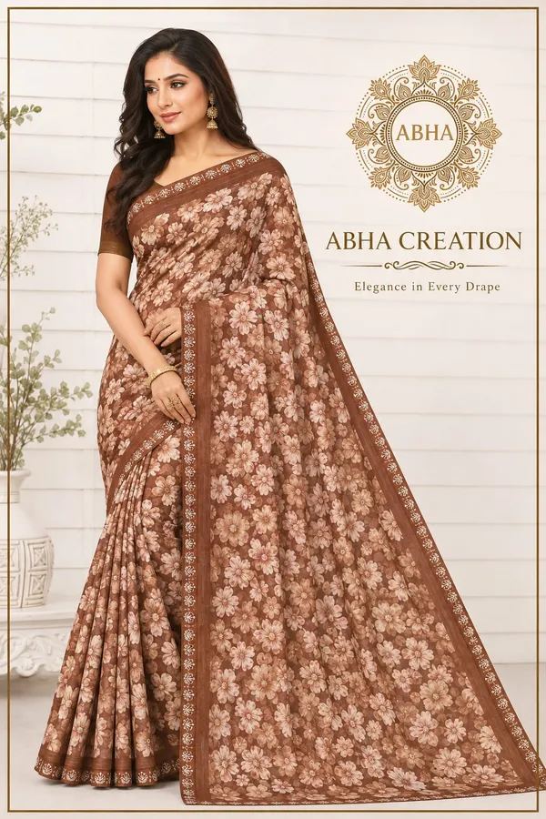 Brown_Silk_Floral_Print_Embellished_Border_Saree_For_Women