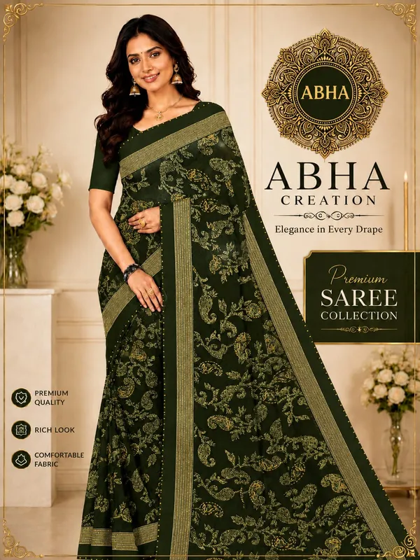 Green_Silk_Floral_Print_Golden_Border_Saree_For_Women