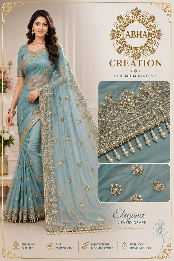Blue_Soft_Net_Floral_Embroidered_Pearl_Border_Saree_For_Women