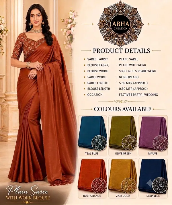 Rust_Orange_Tussar_Silk_Plain_Saree_With_Sequin_Work_Blouse_For_Women