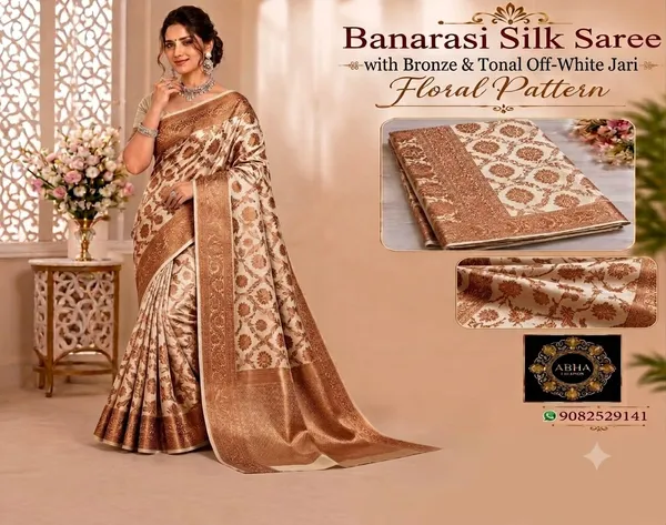 Off_White_Banarasi_Silk_Bronze_Zari_Floral_Saree_For_Women