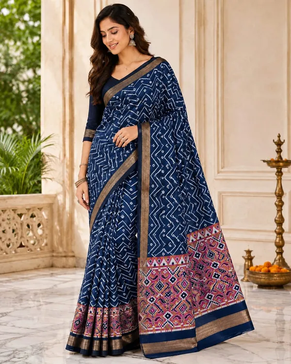 Navy_Blue_Silk_Bandhani_Print_Zari_Border_Saree_For_Women