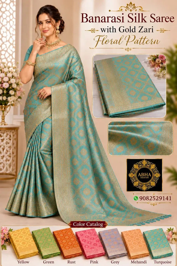 Turquoise_Banarasi_Silk_Gold_Zari_Floral_Woven_Saree_For_Women