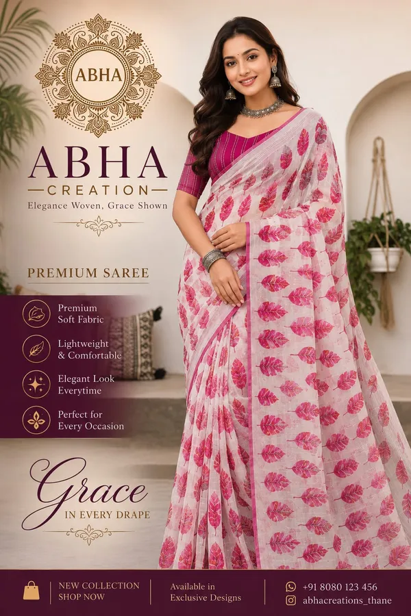 White_Pink_Stripe_Chiffon_Leaf_Print_Saree_For_Women