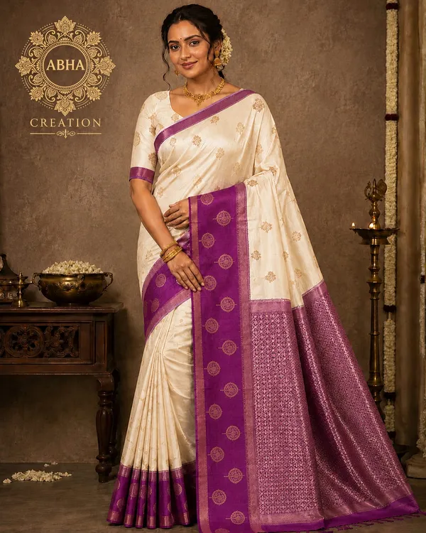 Cream_Silk_Woven_Zari_Motif_Purple_Border_Saree_For_Women