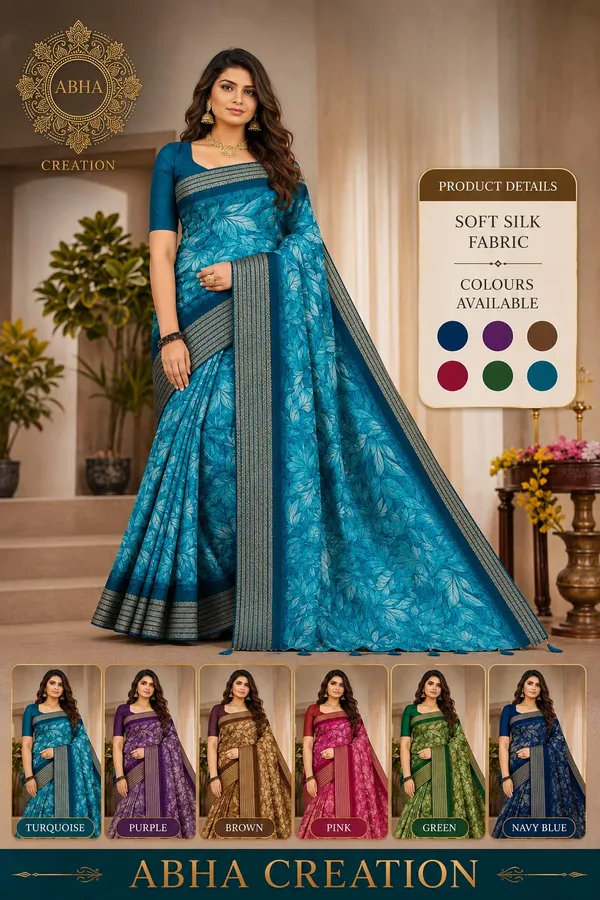 Turquoise_Crepe_Silk_Floral_Print_Zari_Border_Saree_For_Women