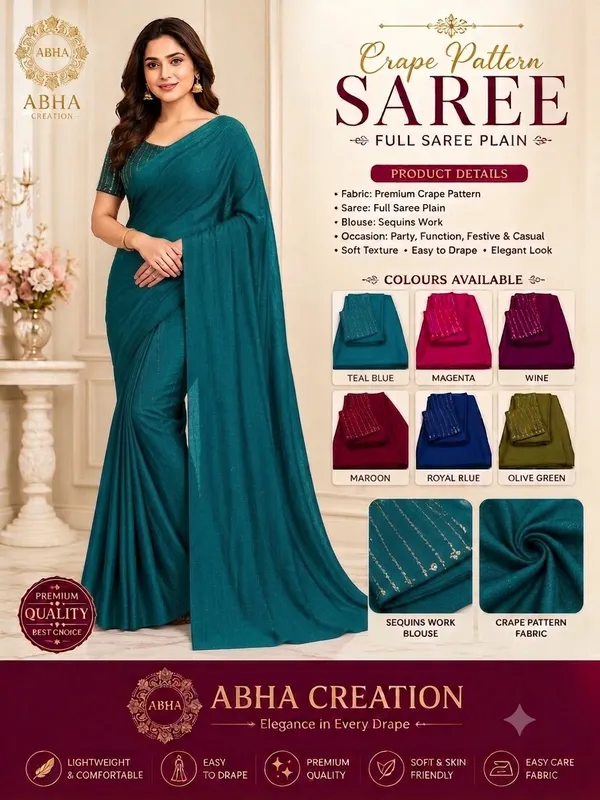 Teal_Blue_Crepe_Silk_Plain_Sequin_Blouse_Saree_For_Women