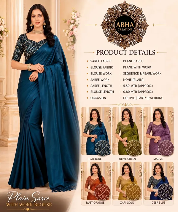 Teal_Blue_Tussar_Silk_Plain_Sequins_Blouse_Saree_For_Women