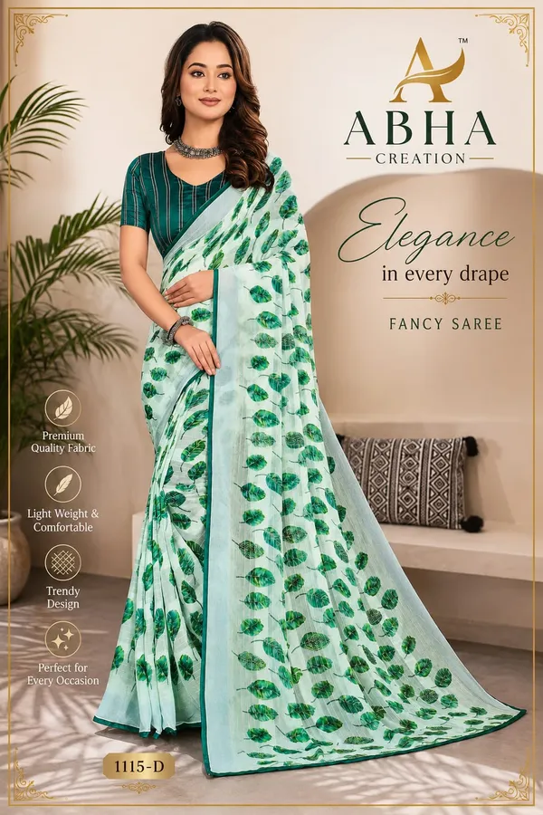 White_Green_Stripe_Chiffon_Leaf_Print_Saree_For_Women