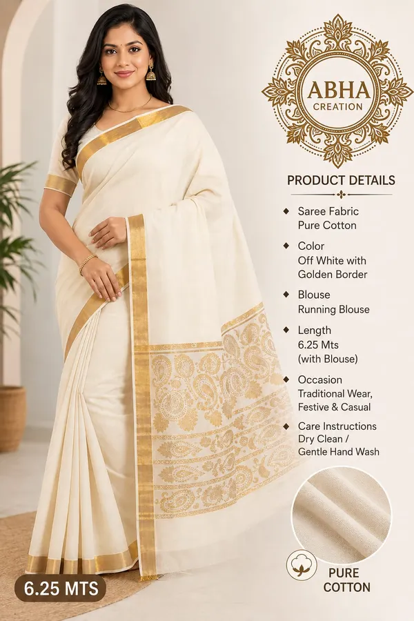 Off_White_Cotton_Golden_Zari_Border_Kerala_Saree_For_Women