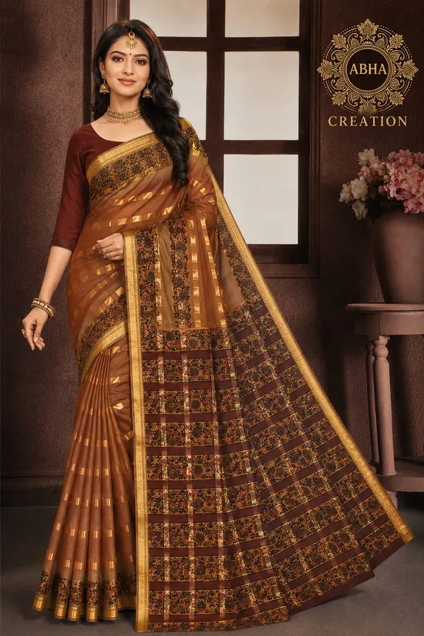 Mustard_Cotton_Zari_Border_Kalamkari_Print_Saree_For_Women