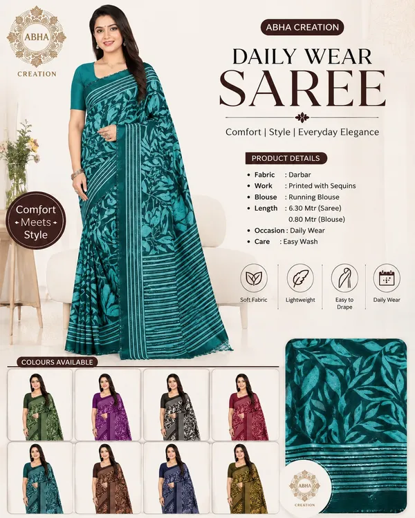 Teal_Silk_Floral_Print_Sequin_Work_Daily_Wear_Saree_For_Women