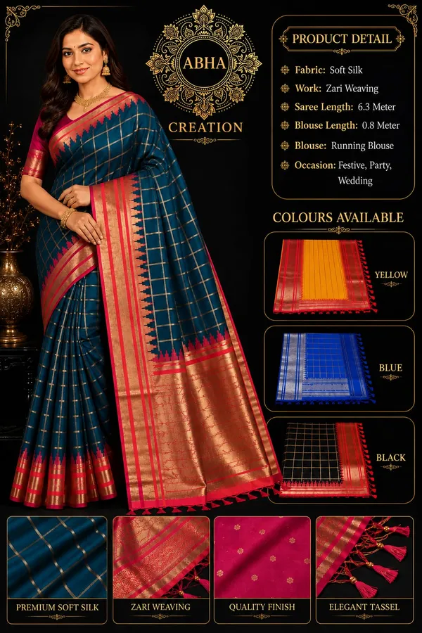 Teal_Soft_Silk_Zari_Woven_Checkered_Saree_For_Women
