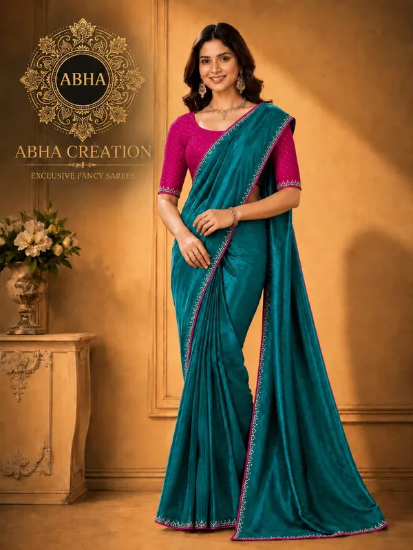 Teal_Satin_Silk_Embroidered_Border_Saree_For_Women