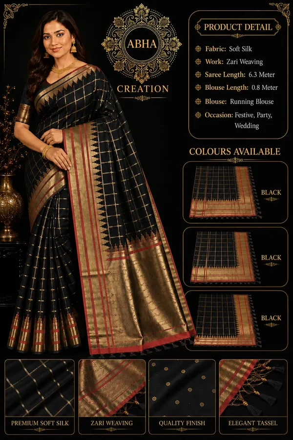 Black_Jacquard_Art_Silk_Zari_Woven_Checkered_Saree_For_Women