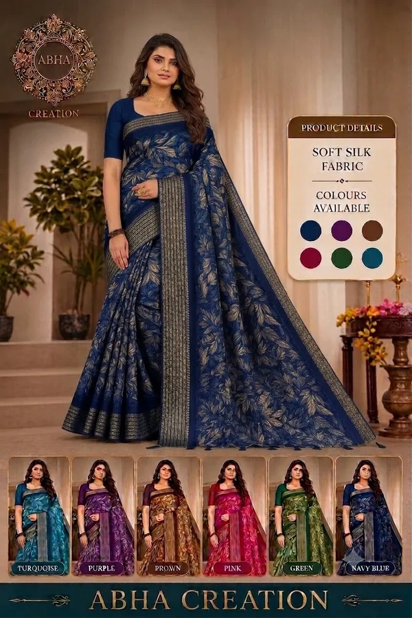 Navy_Blue_Crepe_Silk_Floral_Print_Zari_Border_Saree_For_Women