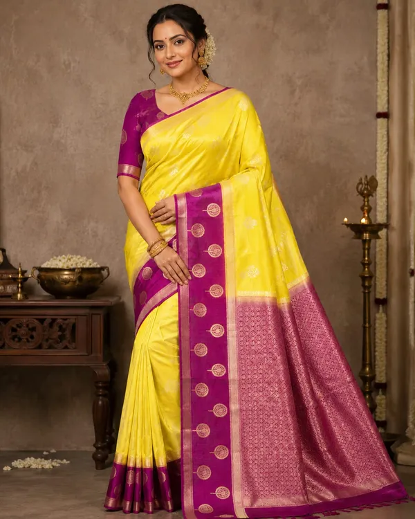 Yellow_Silk_Zari_Woven_Purple_Border_Kanjivaram_Saree_For_Women