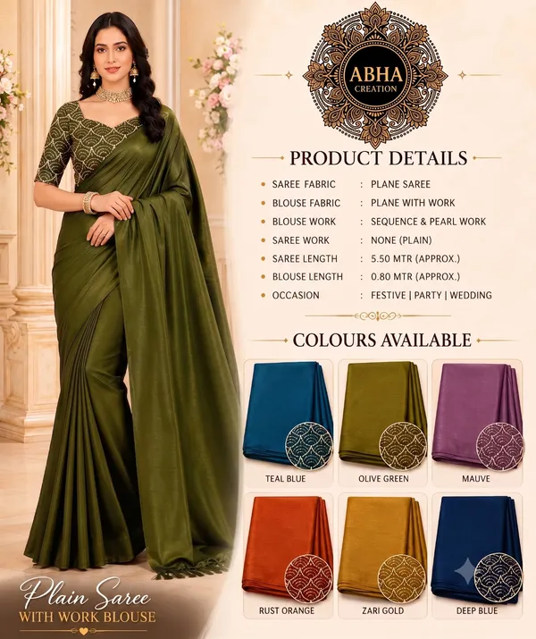Olive_Green_Tussar_Silk_Plain_Saree_With_Sequin_Pearl_Blouse_For_Women